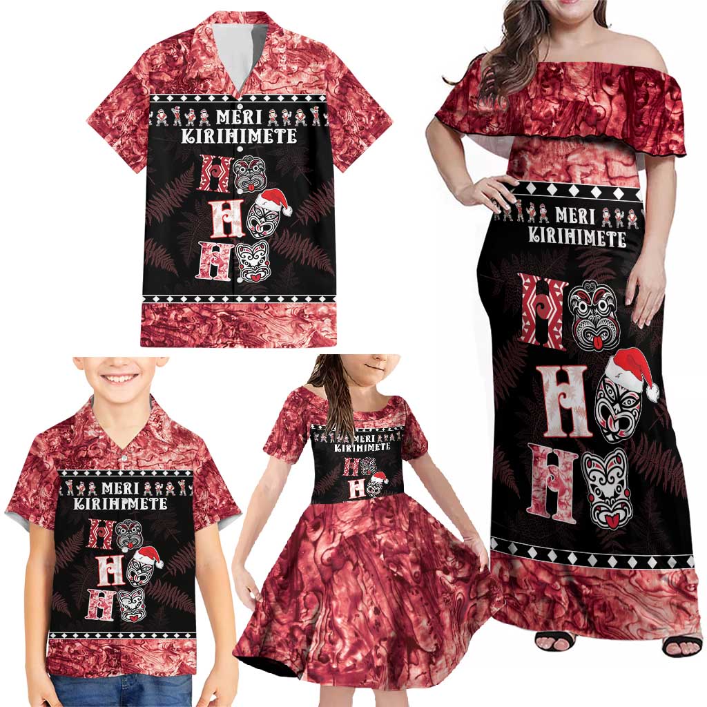 Personalised New Zealand Tiki Christmas Family Matching Off Shoulder Maxi Dress and Hawaiian Shirt Ho Ho Ho Paua Shell Glitter Red LT05 - Polynesian Pride