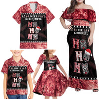 Personalised New Zealand Tiki Christmas Family Matching Off Shoulder Maxi Dress and Hawaiian Shirt Ho Ho Ho Paua Shell Glitter Red LT05 - Polynesian Pride