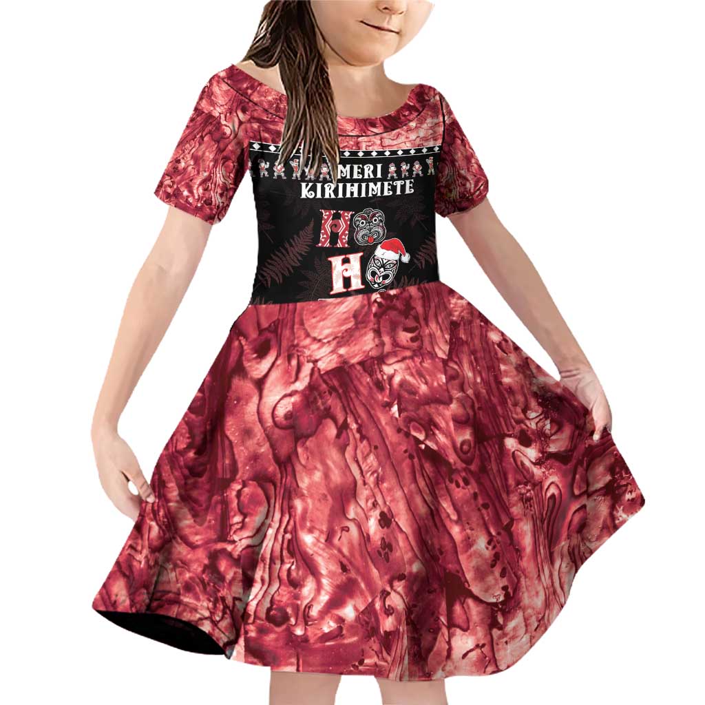 Personalised New Zealand Tiki Christmas Family Matching Off Shoulder Short Dress and Hawaiian Shirt Ho Ho Ho Paua Shell Glitter Red LT05 Daughter's Dress Black - Polynesian Pride