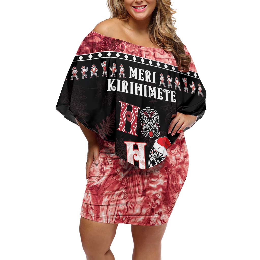 Personalised New Zealand Tiki Christmas Family Matching Off Shoulder Short Dress and Hawaiian Shirt Ho Ho Ho Paua Shell Glitter Red LT05 Mom's Dress Black - Polynesian Pride