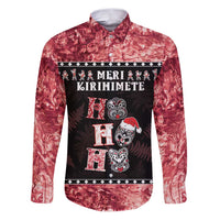 Personalised New Zealand Tiki Christmas Family Matching Puletasi and Hawaiian Shirt Ho Ho Ho Paua Shell Glitter Red LT05 Dad's Shirt - Long Sleeve Black - Polynesian Pride
