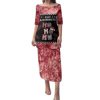 Personalised New Zealand Tiki Christmas Family Matching Puletasi and Hawaiian Shirt Ho Ho Ho Paua Shell Glitter Red LT05 Mom's Dress Black - Polynesian Pride