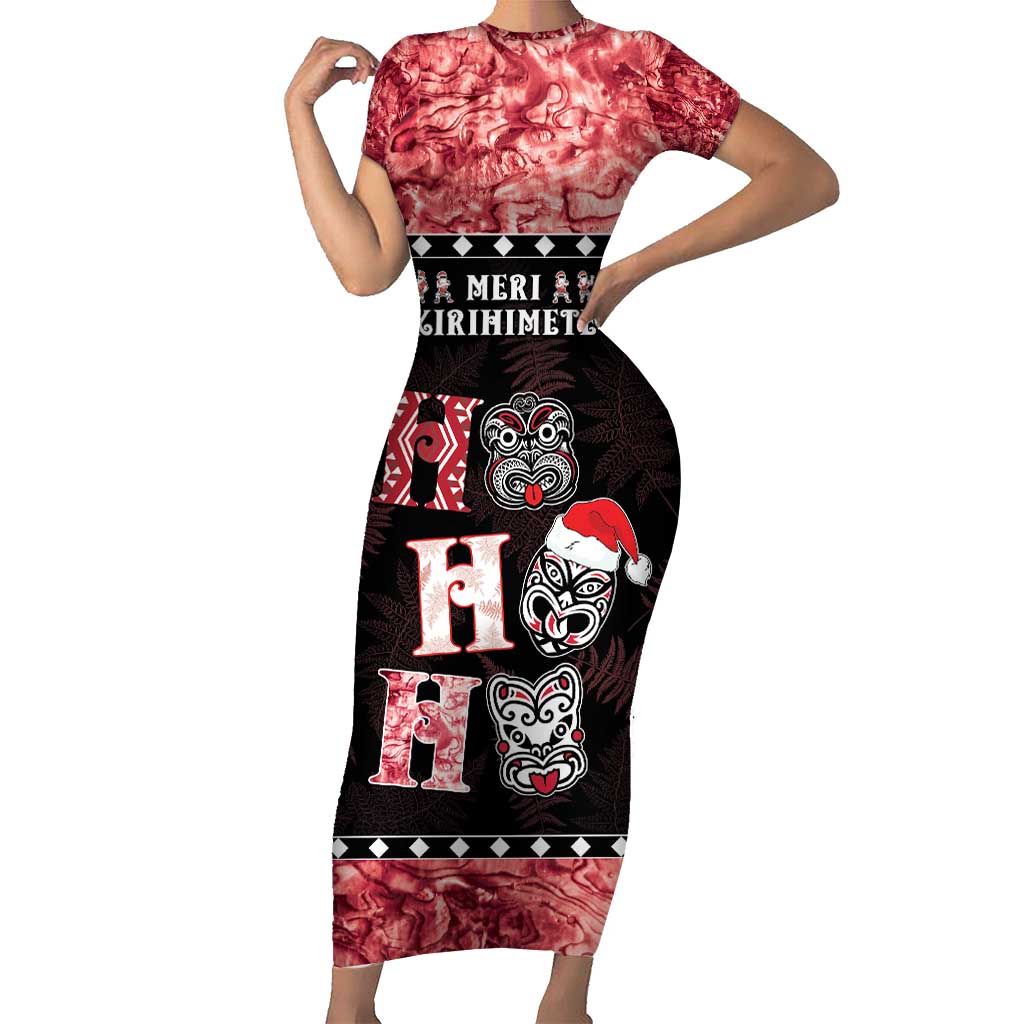 Personalised New Zealand Tiki Christmas Family Matching Short Sleeve Bodycon Dress and Hawaiian Shirt Ho Ho Ho Paua Shell Glitter Red LT05 Mom's Dress Black - Polynesian Pride