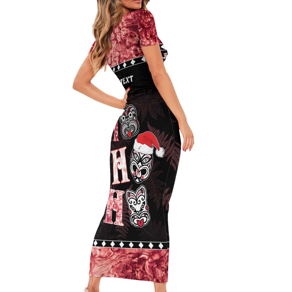 Personalised New Zealand Tiki Christmas Family Matching Short Sleeve Bodycon Dress and Hawaiian Shirt Ho Ho Ho Paua Shell Glitter Red LT05 - Polynesian Pride