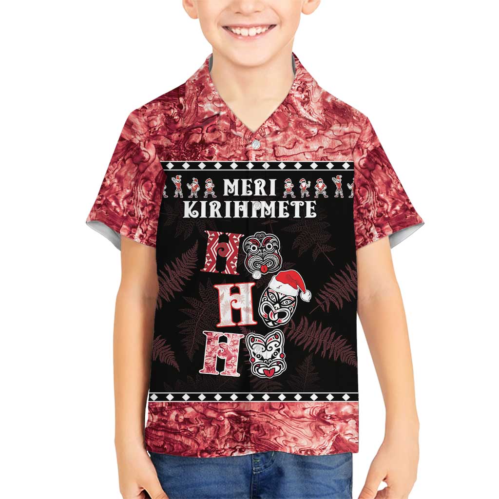 Personalised New Zealand Tiki Christmas Family Matching Summer Maxi Dress and Hawaiian Shirt Ho Ho Ho Paua Shell Glitter Red LT05 Son's Shirt Black - Polynesian Pride
