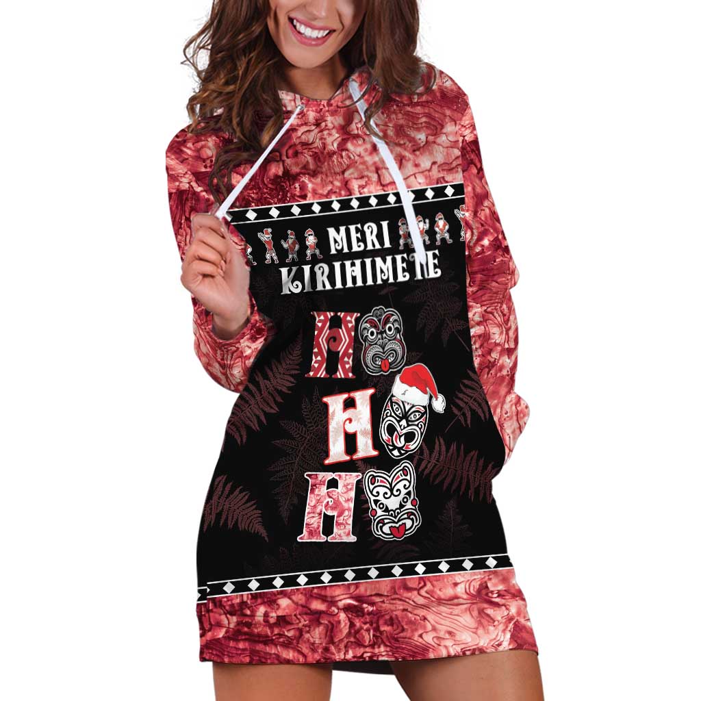 Personalised New Zealand Tiki Christmas Hoodie Dress Ho Ho Ho Paua Shell Glitter Red LT05 Black - Polynesian Pride