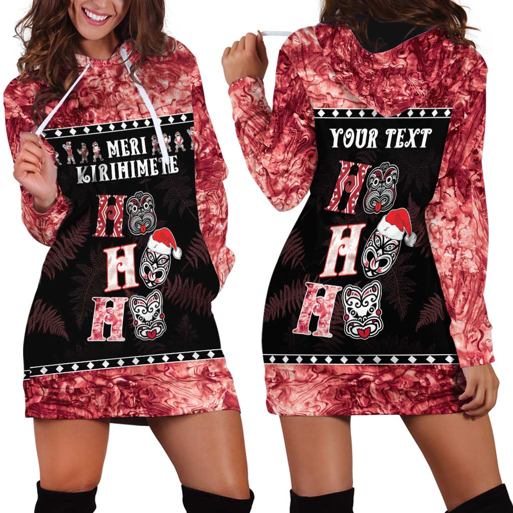 Personalised New Zealand Tiki Christmas Hoodie Dress Ho Ho Ho Paua Shell Glitter Red LT05 - Polynesian Pride