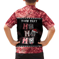 Personalised New Zealand Tiki Christmas Kid Hawaiian Shirt Ho Ho Ho Paua Shell Glitter Red LT05 - Polynesian Pride
