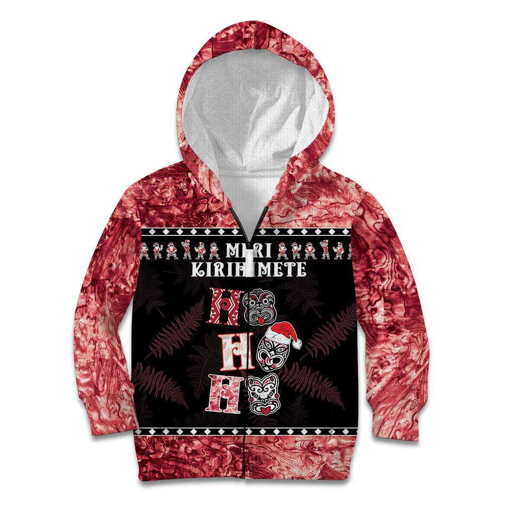 Personalised New Zealand Tiki Christmas Kid Hoodie Ho Ho Ho Paua Shell Glitter Red LT05 Zip Hoodie Black - Polynesian Pride