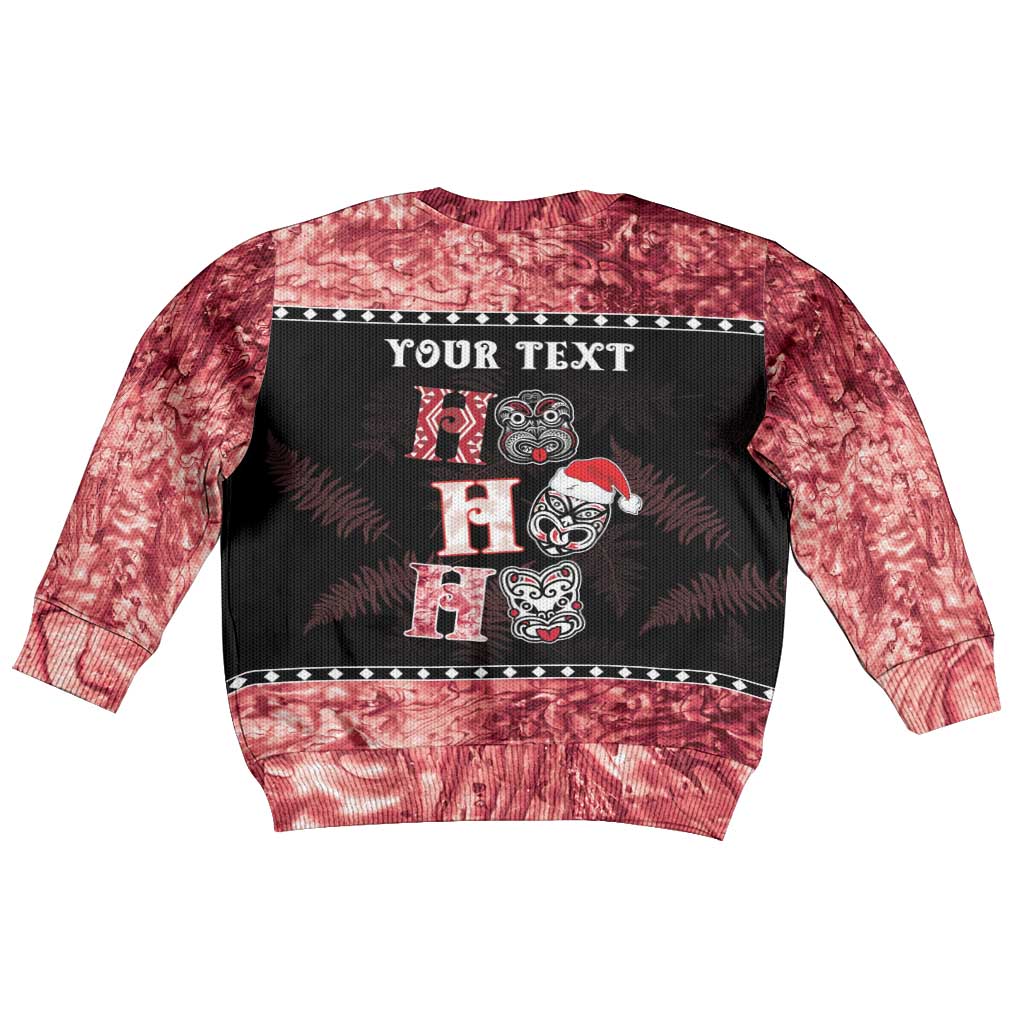Personalised New Zealand Tiki Christmas Kid Ugly Christmas Sweater Ho Ho Ho Paua Shell Glitter Red LT05 - Polynesian Pride