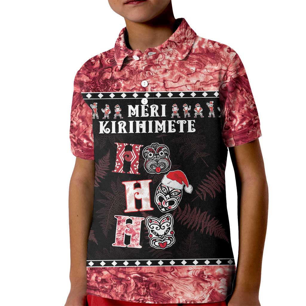 Personalised New Zealand Tiki Christmas Kid Polo Shirt Ho Ho Ho Paua Shell Glitter Red LT05 Kid Black - Polynesian Pride
