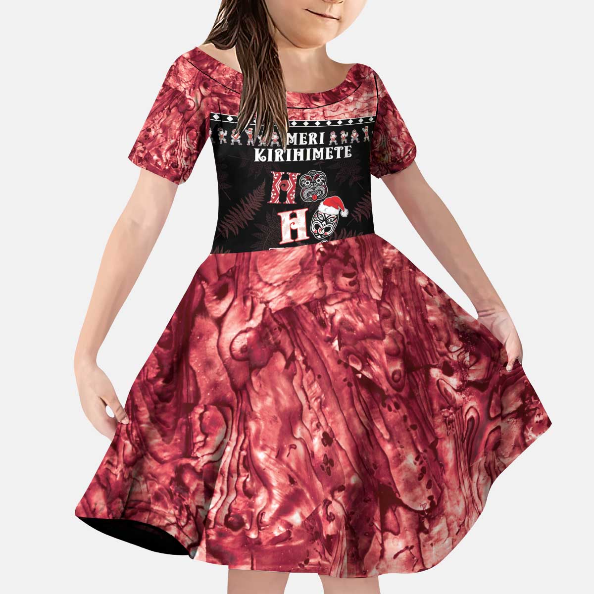 Personalised New Zealand Tiki Christmas Kid Short Sleeve Dress Ho Ho Ho Paua Shell Glitter Red LT05 KID Black - Polynesian Pride