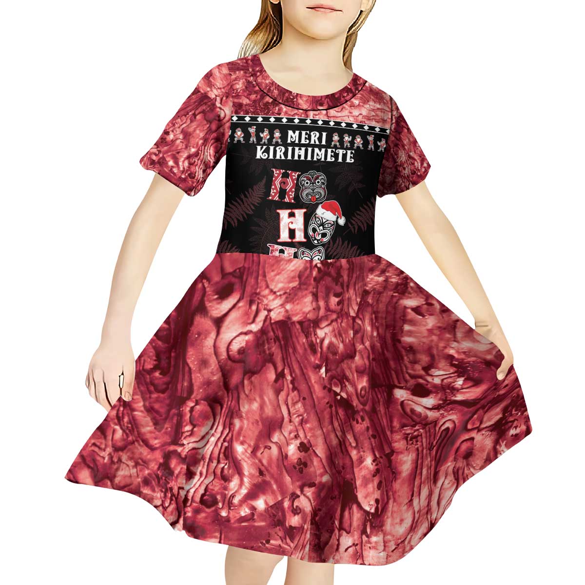 Personalised New Zealand Tiki Christmas Kid Short Sleeve Dress Ho Ho Ho Paua Shell Glitter Red LT05 - Polynesian Pride