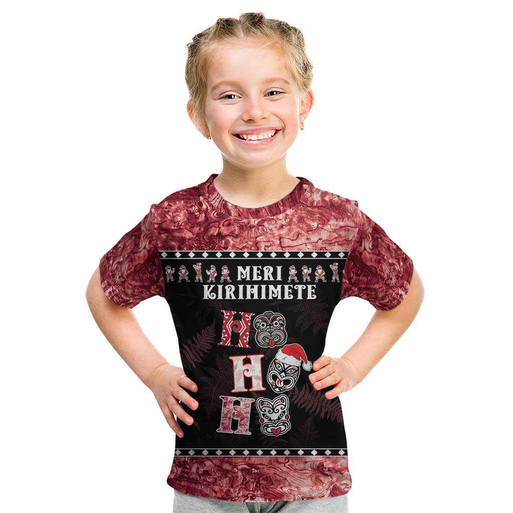 Personalised New Zealand Tiki Christmas Kid T Shirt Ho Ho Ho Paua Shell Glitter Red LT05 Black - Polynesian Pride