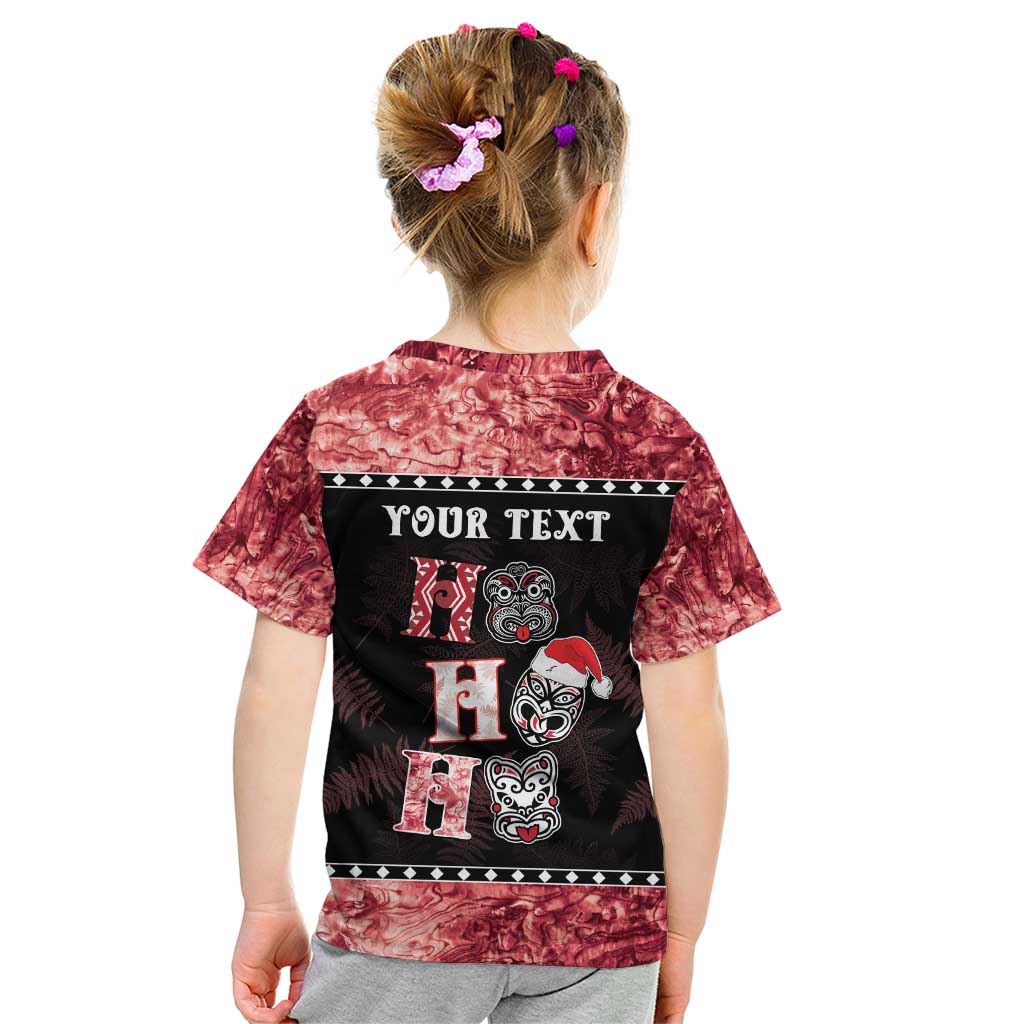 Personalised New Zealand Tiki Christmas Kid T Shirt Ho Ho Ho Paua Shell Glitter Red LT05 - Polynesian Pride