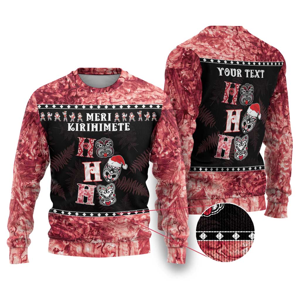 Personalised New Zealand Tiki Christmas Ugly Christmas Sweater Ho Ho Ho Paua Shell Glitter Red LT05 Black - Polynesian Pride