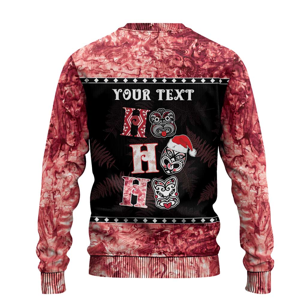 Personalised New Zealand Tiki Christmas Ugly Christmas Sweater Ho Ho Ho Paua Shell Glitter Red LT05 - Polynesian Pride