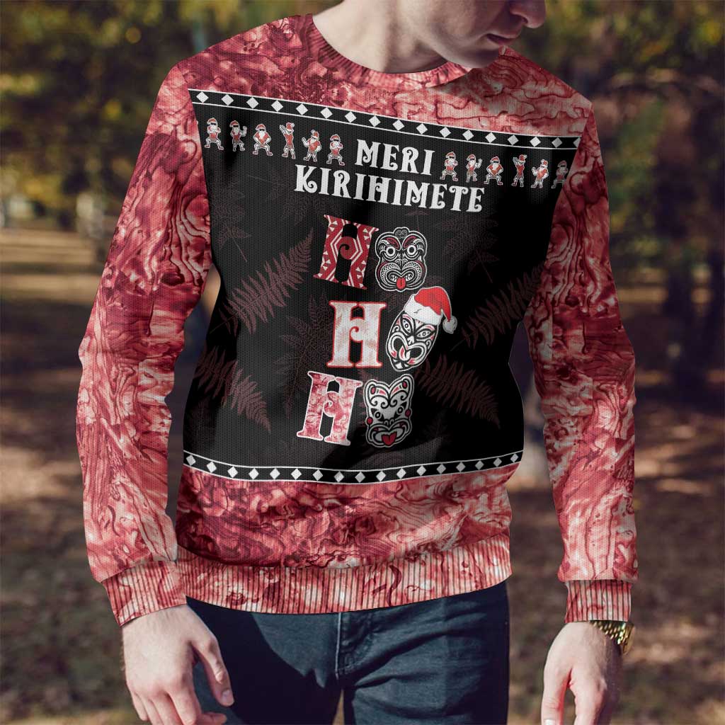 Personalised New Zealand Tiki Christmas Ugly Christmas Sweater Ho Ho Ho Paua Shell Glitter Red LT05 - Polynesian Pride