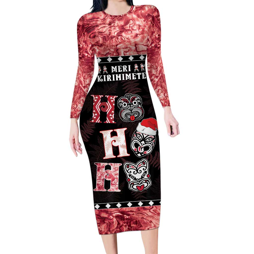Personalised New Zealand Tiki Christmas Long Sleeve Bodycon Dress Ho Ho Ho Paua Shell Glitter Red LT05 Long Dress Black - Polynesian Pride