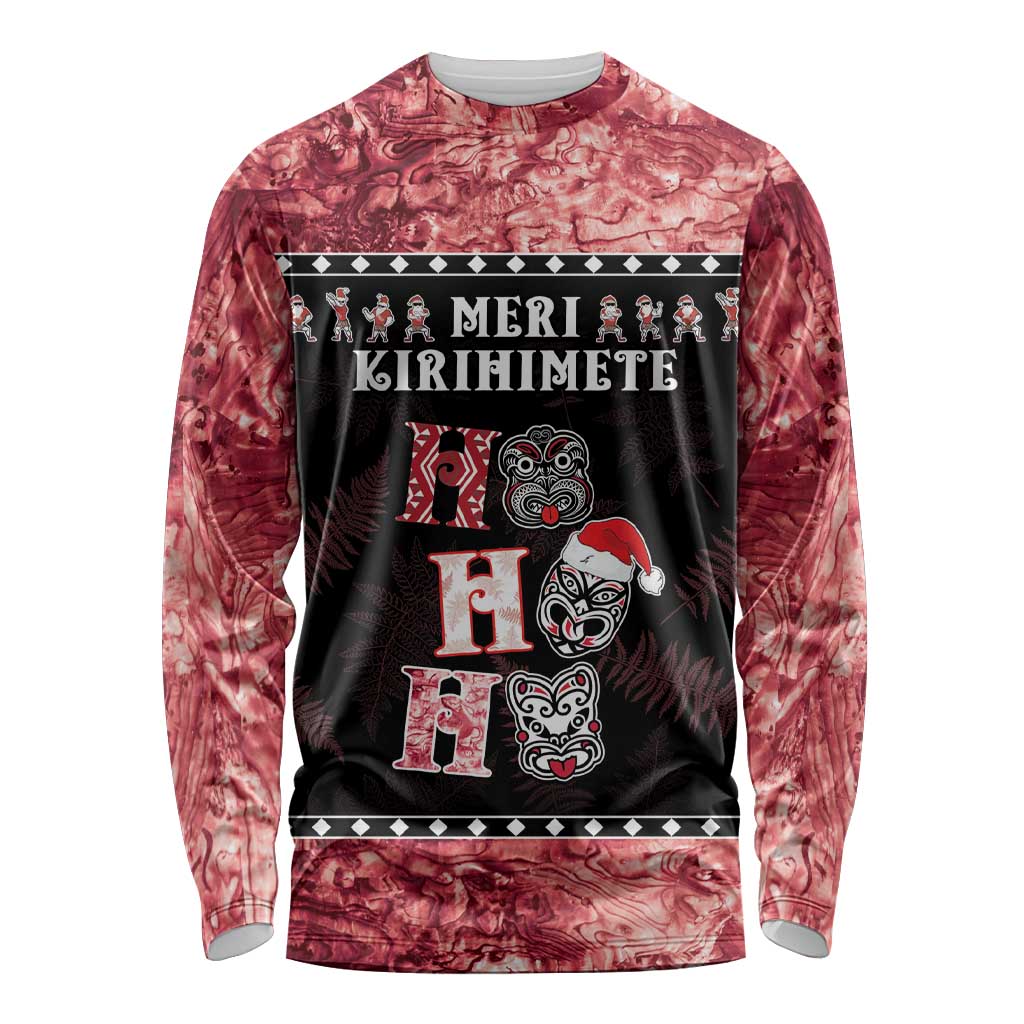Personalised New Zealand Tiki Christmas Long Sleeve Shirt Ho Ho Ho Paua Shell Glitter Red LT05 Unisex Black - Polynesian Pride