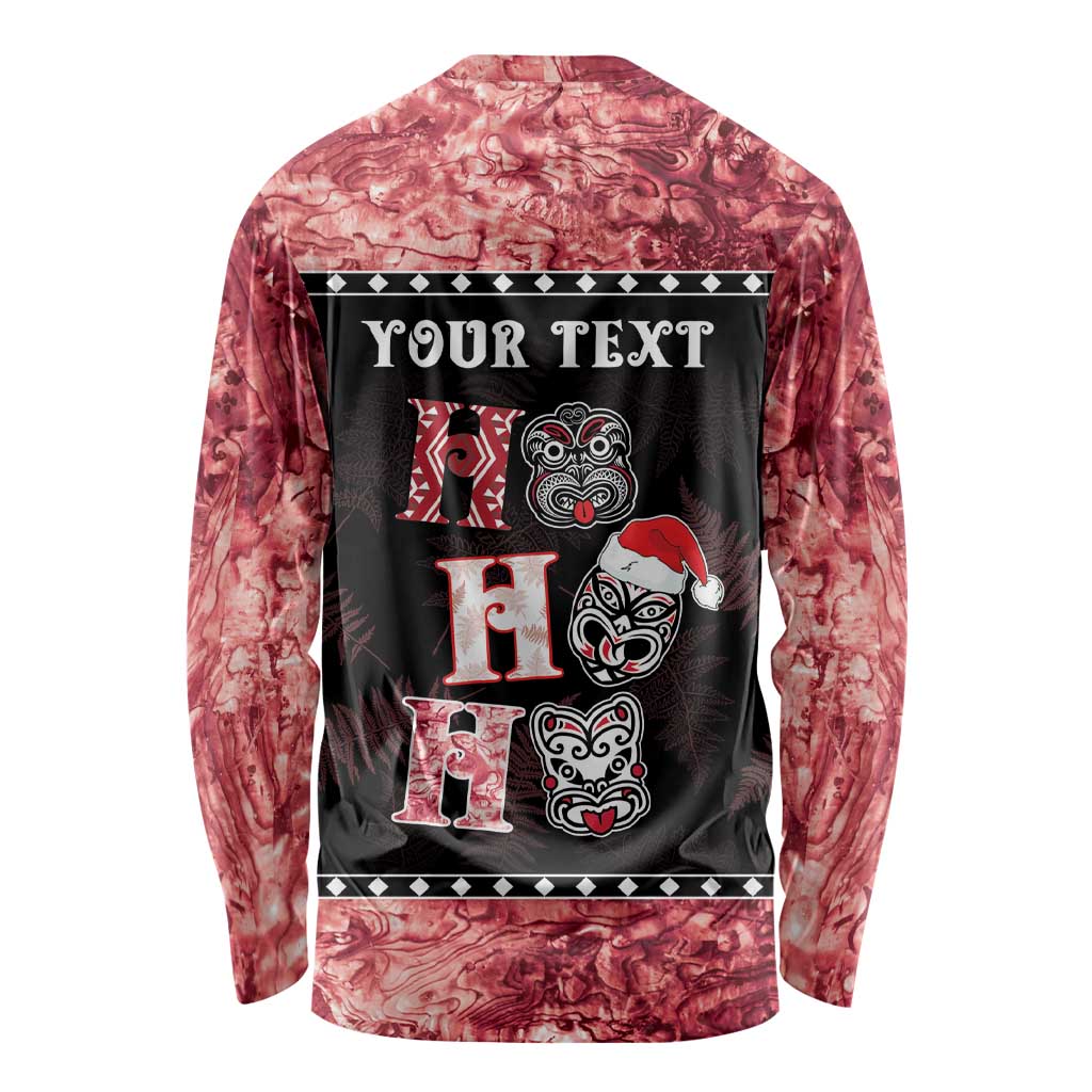 Personalised New Zealand Tiki Christmas Long Sleeve Shirt Ho Ho Ho Paua Shell Glitter Red LT05 - Polynesian Pride