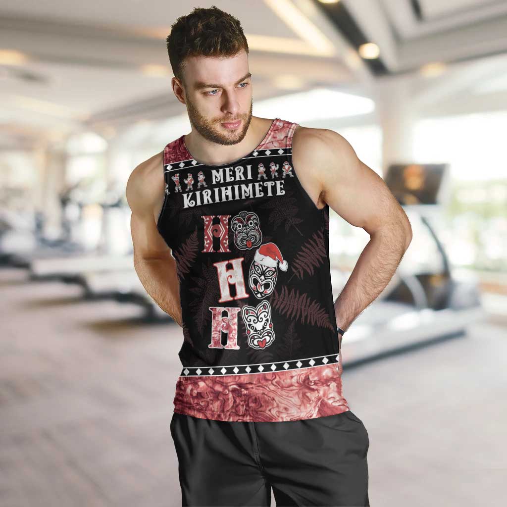 Personalised New Zealand Tiki Christmas Men Tank Top Ho Ho Ho Paua Shell Glitter Red LT05 Black - Polynesian Pride