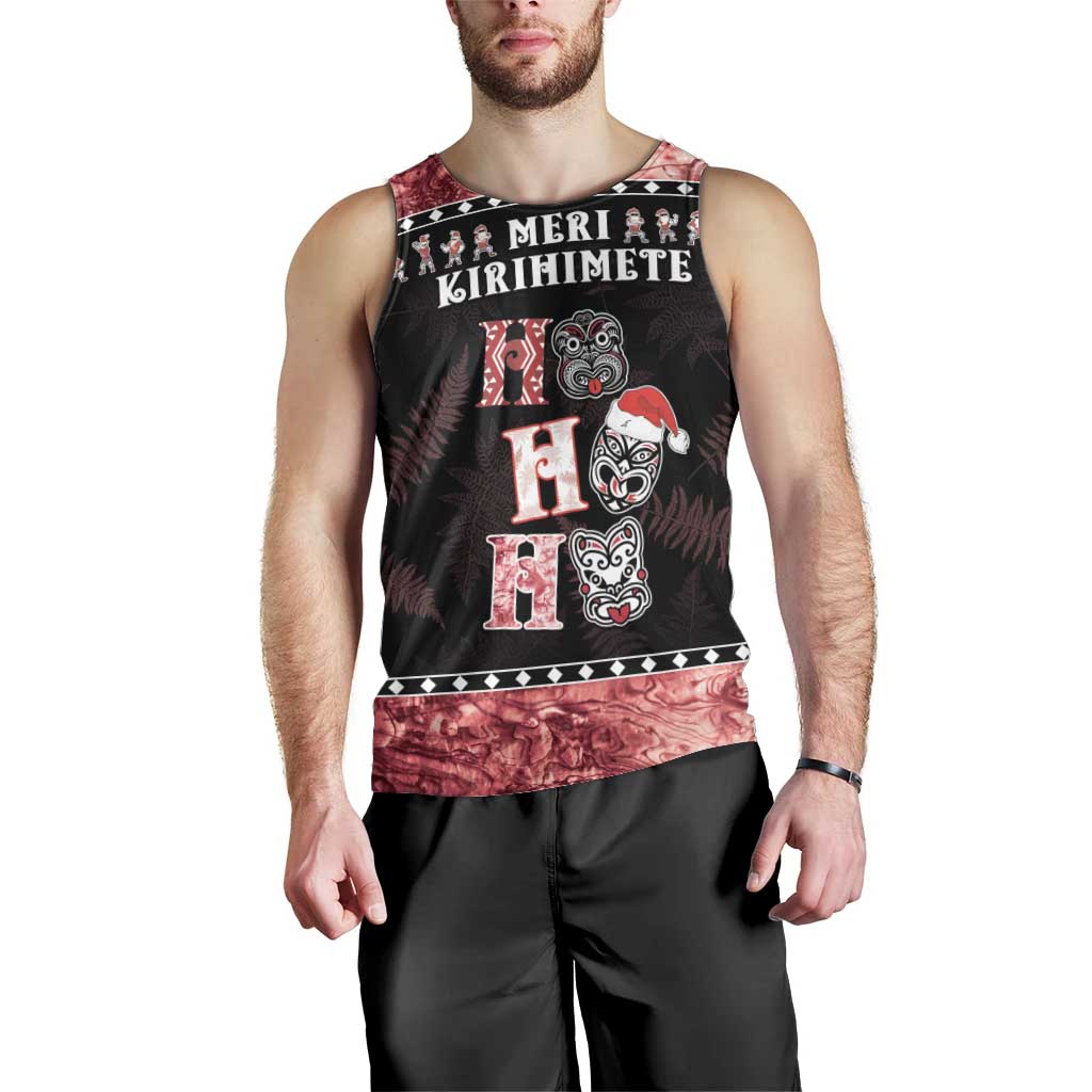 Personalised New Zealand Tiki Christmas Men Tank Top Ho Ho Ho Paua Shell Glitter Red LT05 - Polynesian Pride