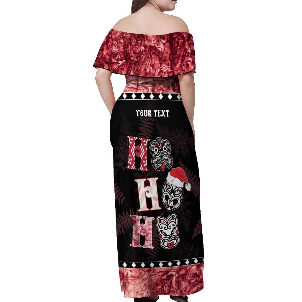 Personalised New Zealand Tiki Christmas Off Shoulder Maxi Dress Ho Ho Ho Paua Shell Glitter Red LT05 - Polynesian Pride
