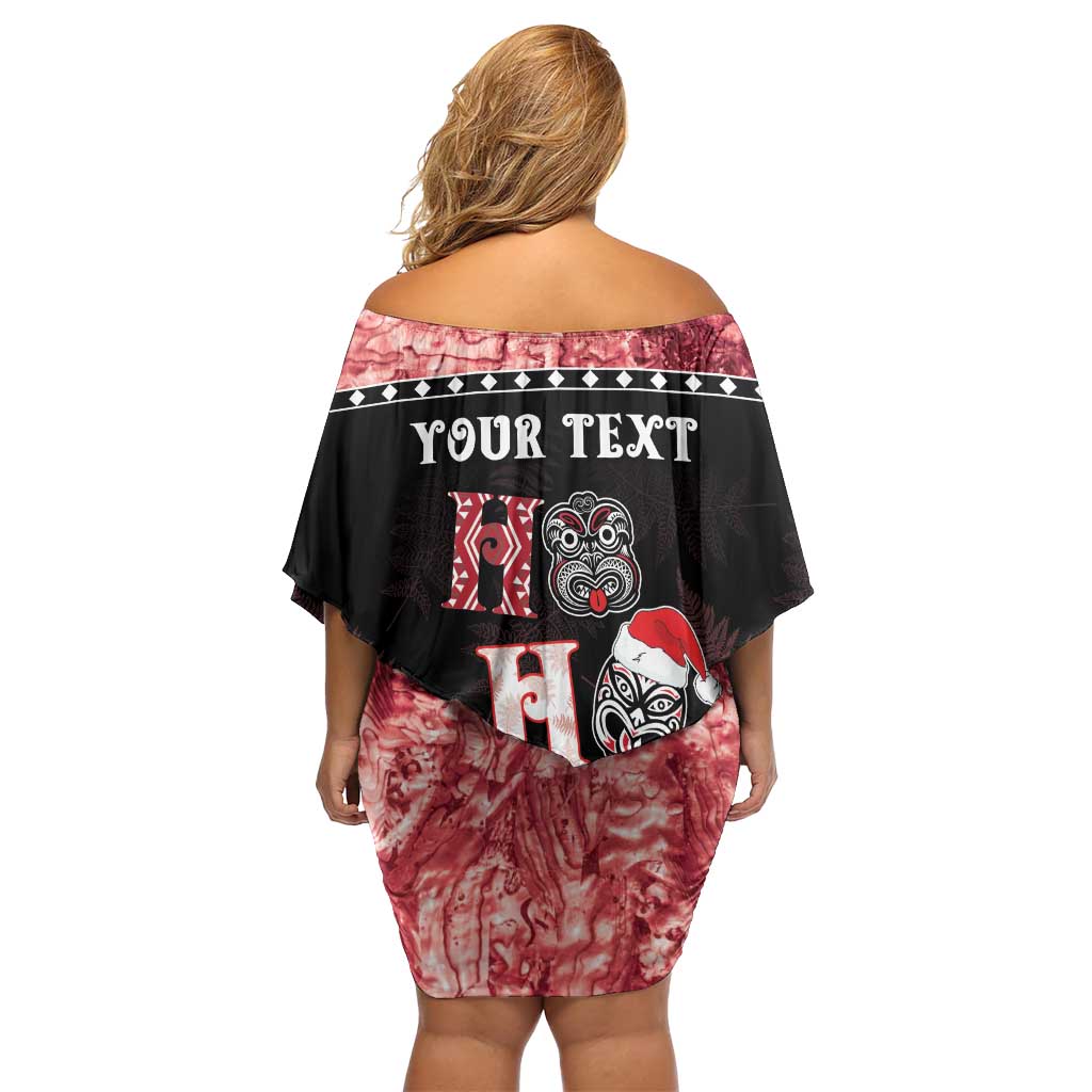 Personalised New Zealand Tiki Christmas Off Shoulder Short Dress Ho Ho Ho Paua Shell Glitter Red LT05 - Polynesian Pride