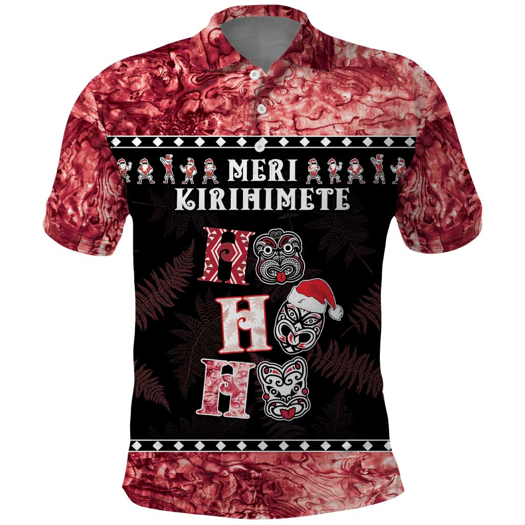 Personalised New Zealand Tiki Christmas Polo Shirt Ho Ho Ho Paua Shell Glitter Red LT05 Black - Polynesian Pride