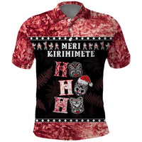 Personalised New Zealand Tiki Christmas Polo Shirt Ho Ho Ho Paua Shell Glitter Red LT05 Black - Polynesian Pride