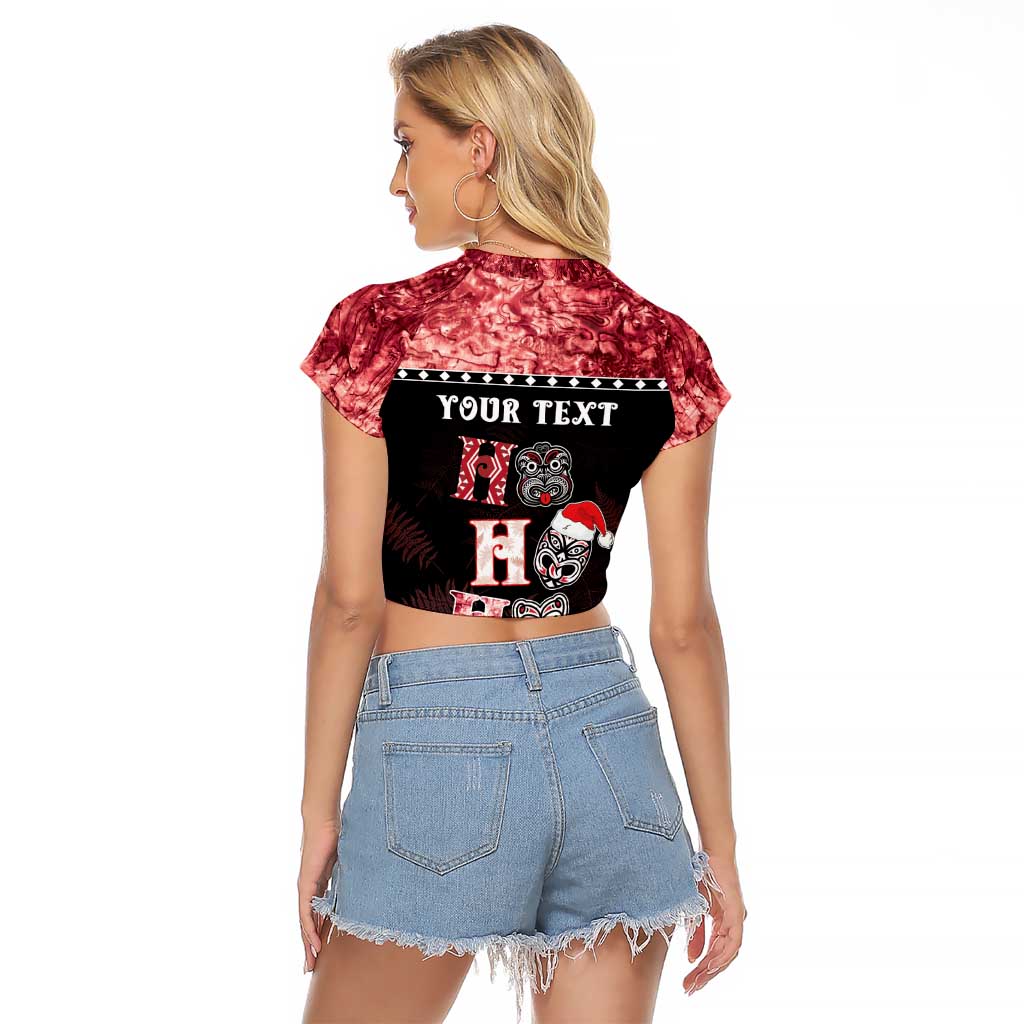 Personalised New Zealand Tiki Christmas Raglan Cropped T Shirt Ho Ho Ho Paua Shell Glitter Red LT05 - Polynesian Pride
