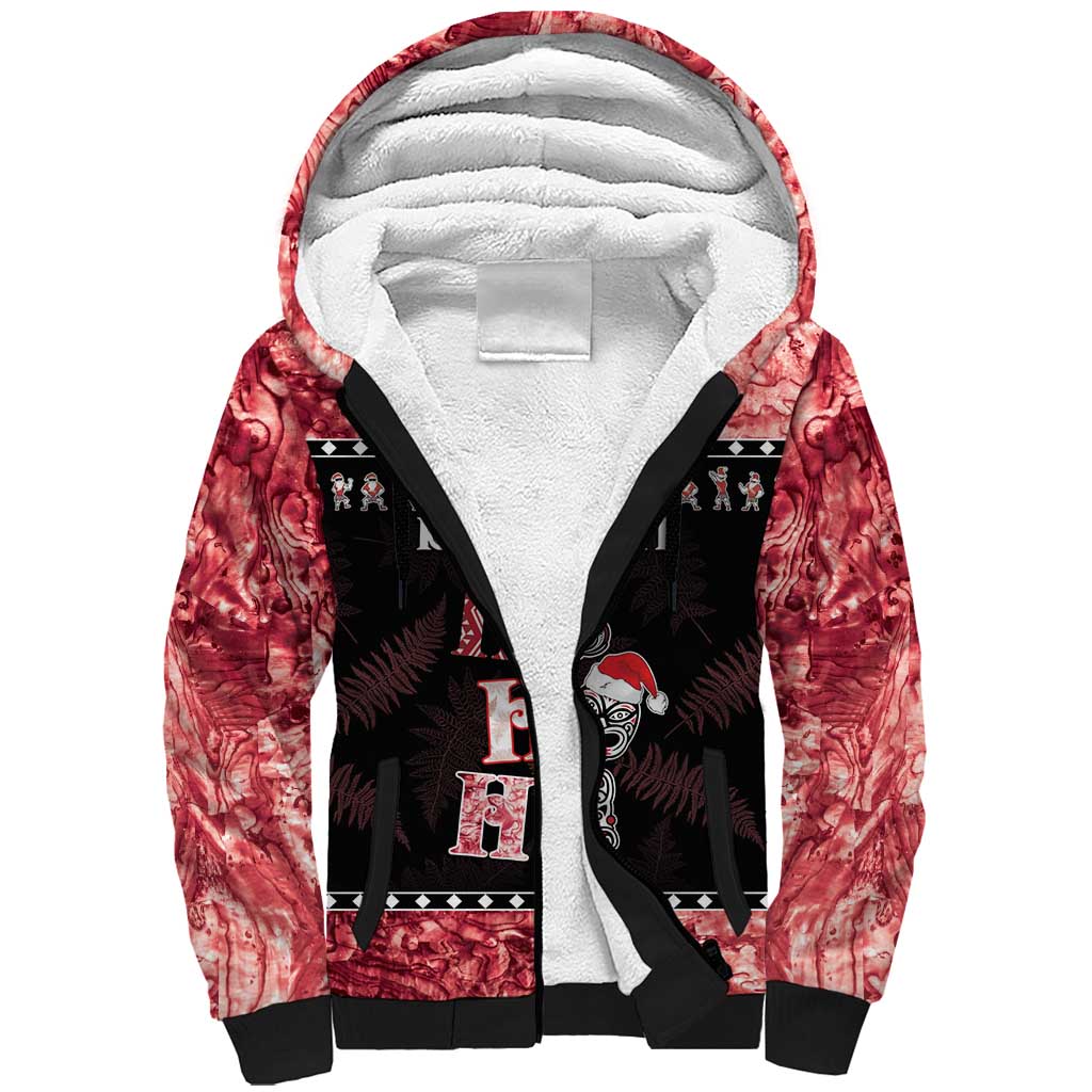 Personalised New Zealand Tiki Christmas Sherpa Hoodie Ho Ho Ho Paua Shell Glitter Red LT05 Unisex Black - Polynesian Pride