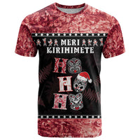 Personalised New Zealand Tiki Christmas T Shirt Ho Ho Ho Paua Shell Glitter Red LT05 Black - Polynesian Pride