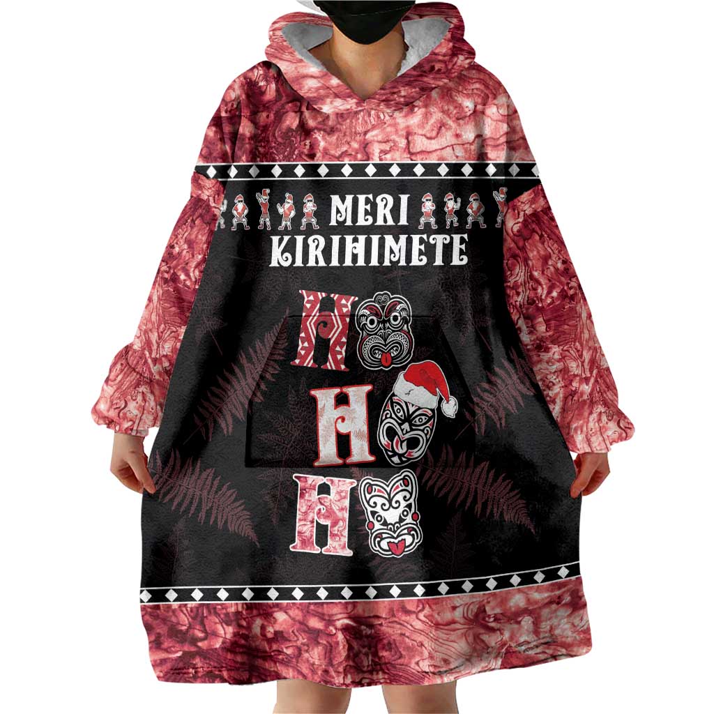 Personalised New Zealand Tiki Christmas Wearable Blanket Hoodie Ho Ho Ho Paua Shell Glitter Red LT05 - Polynesian Pride