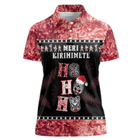 Personalised New Zealand Tiki Christmas Women Polo Shirt Ho Ho Ho Paua Shell Glitter Red LT05 Female Black - Polynesian Pride