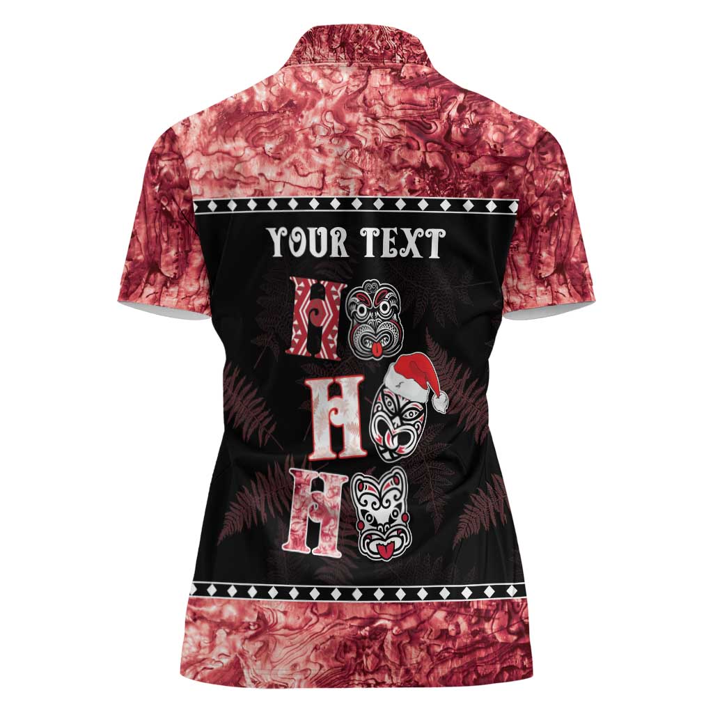 Personalised New Zealand Tiki Christmas Women Polo Shirt Ho Ho Ho Paua Shell Glitter Red LT05 - Polynesian Pride