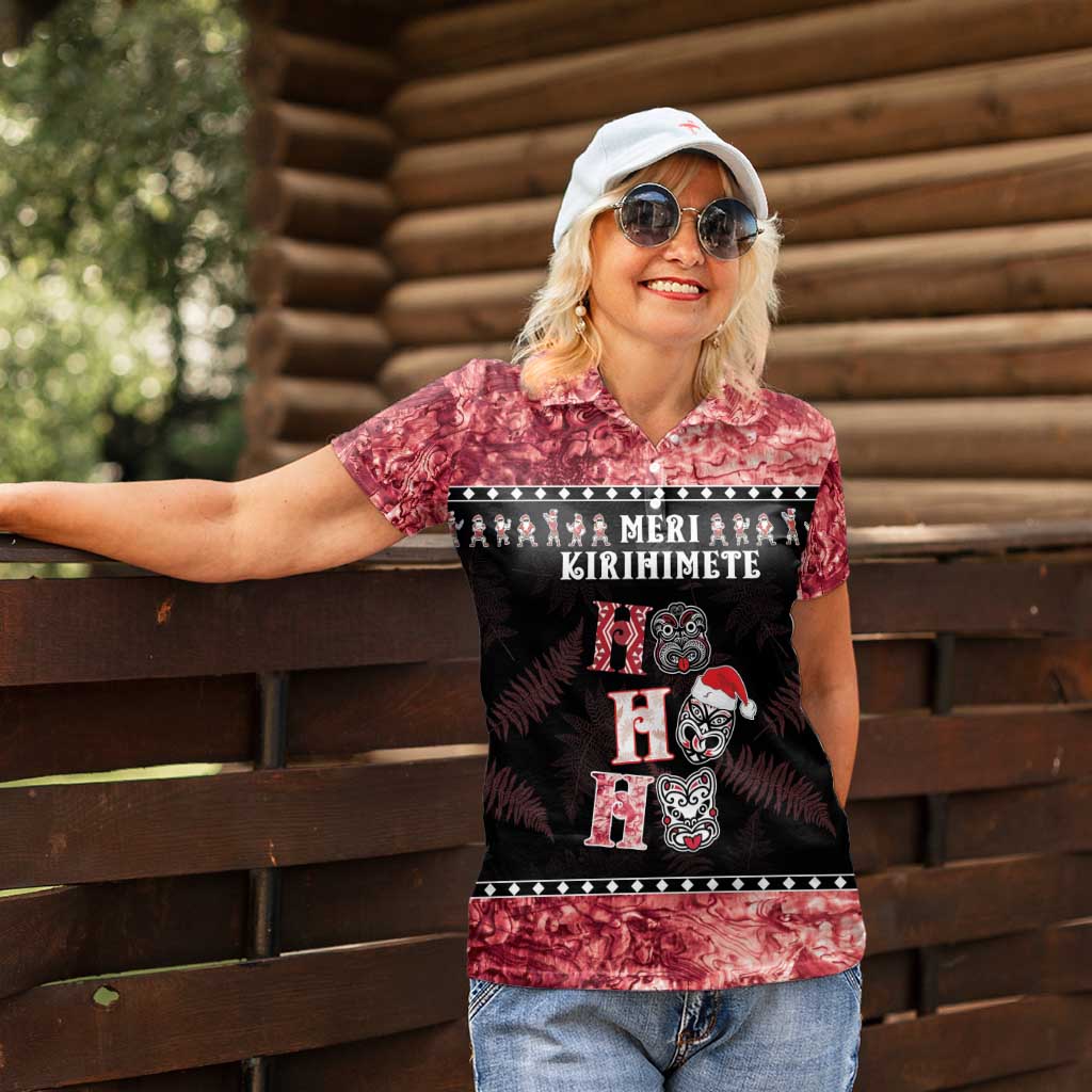 Personalised New Zealand Tiki Christmas Women Polo Shirt Ho Ho Ho Paua Shell Glitter Red LT05 - Polynesian Pride