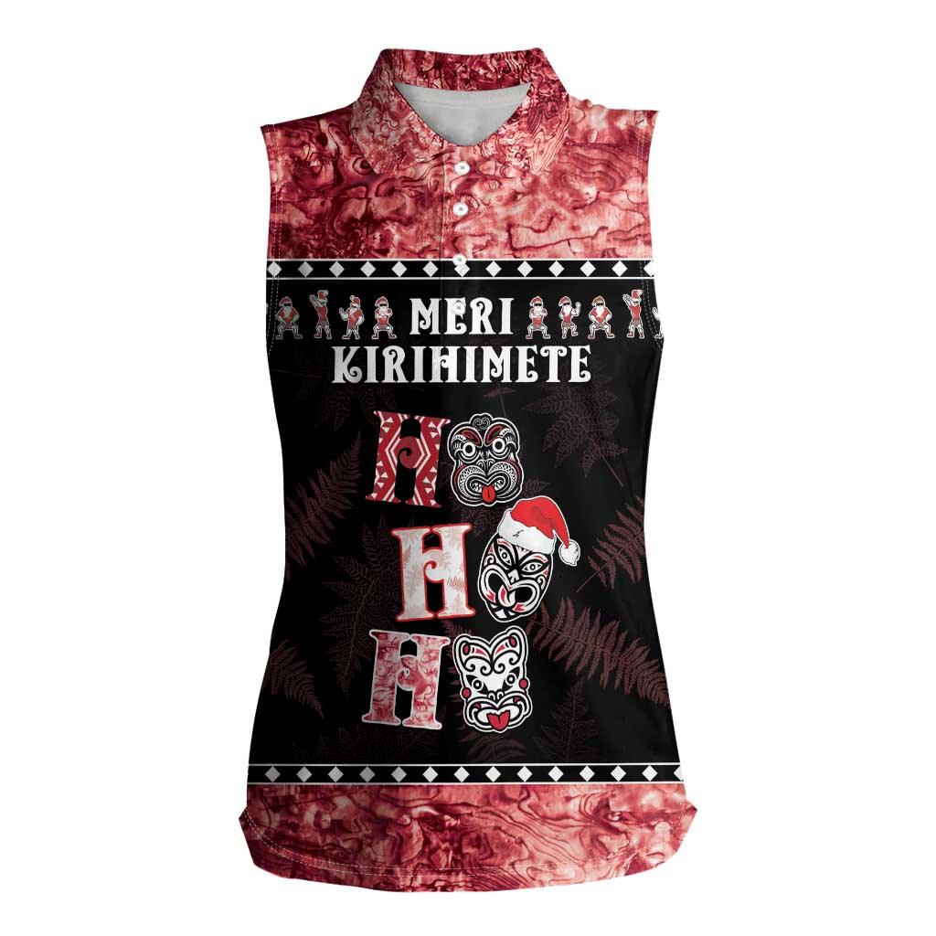 Personalised New Zealand Tiki Christmas Women Sleeveless Polo Shirt Ho Ho Ho Paua Shell Glitter Red LT05 Female Black - Polynesian Pride