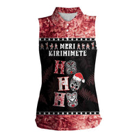 Personalised New Zealand Tiki Christmas Women Sleeveless Polo Shirt Ho Ho Ho Paua Shell Glitter Red LT05 Female Black - Polynesian Pride