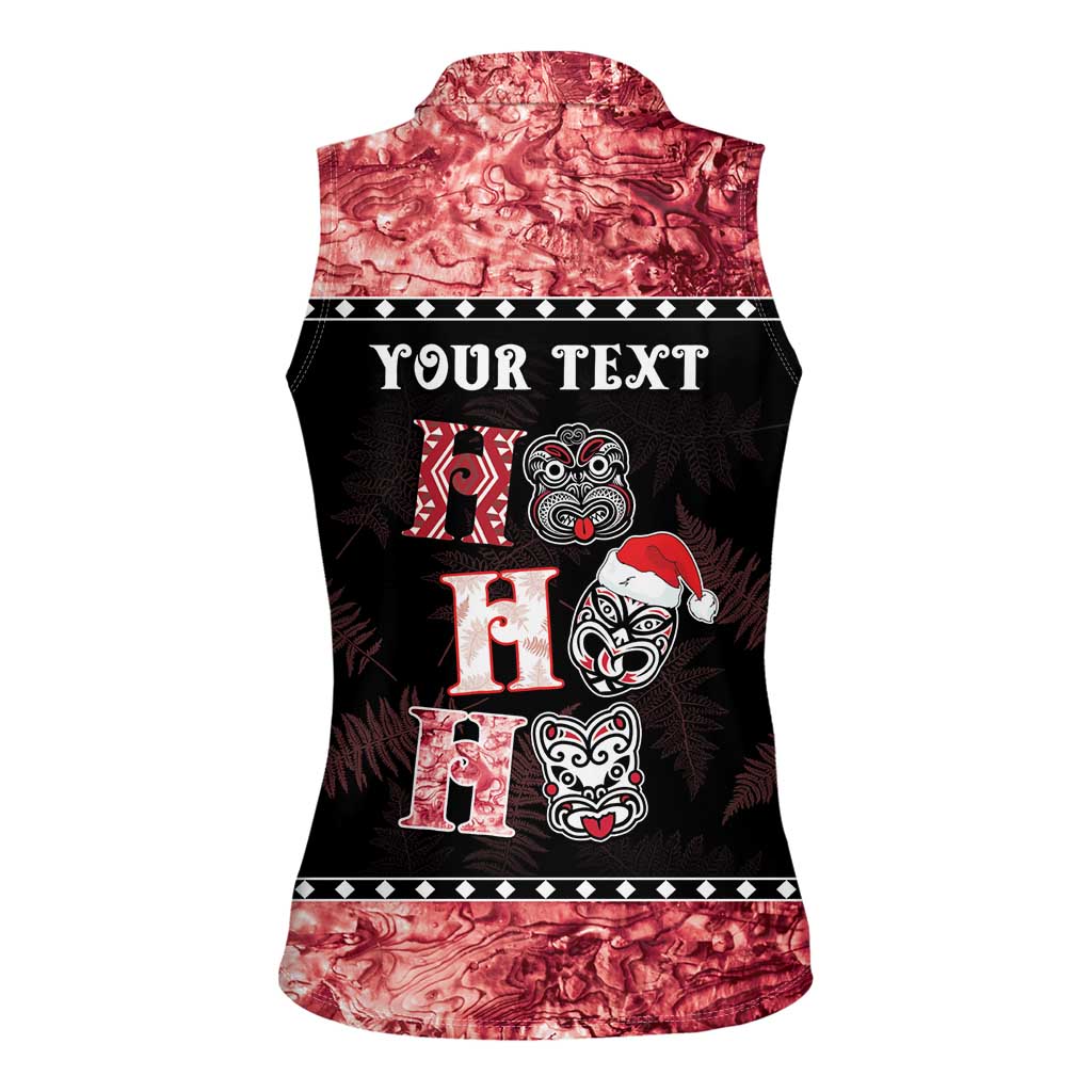 Personalised New Zealand Tiki Christmas Women Sleeveless Polo Shirt Ho Ho Ho Paua Shell Glitter Red LT05 - Polynesian Pride