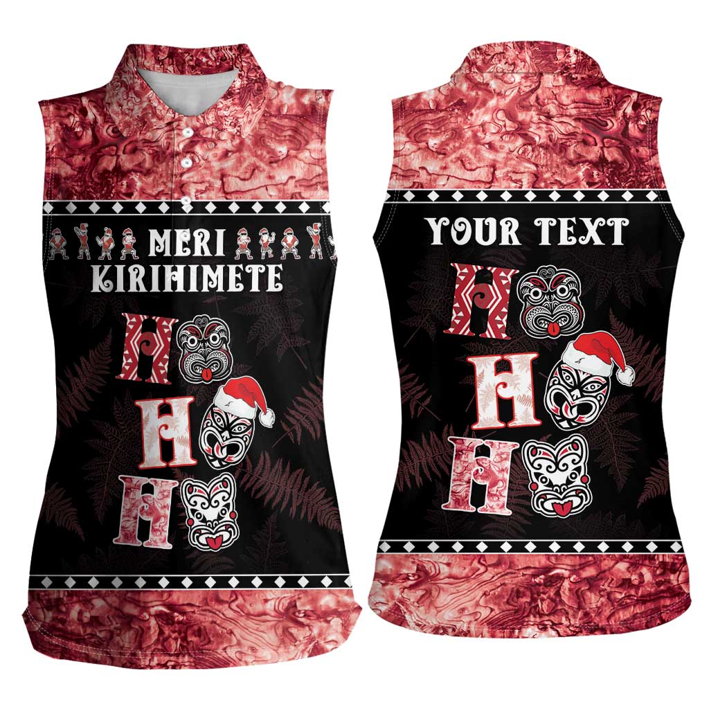 Personalised New Zealand Tiki Christmas Women Sleeveless Polo Shirt Ho Ho Ho Paua Shell Glitter Red LT05 - Polynesian Pride