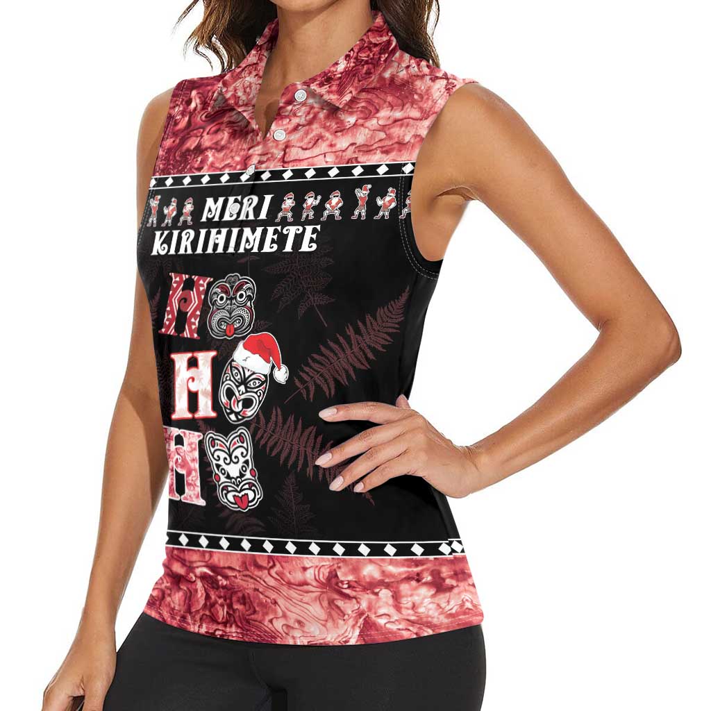 Personalised New Zealand Tiki Christmas Women Sleeveless Polo Shirt Ho Ho Ho Paua Shell Glitter Red LT05 - Polynesian Pride