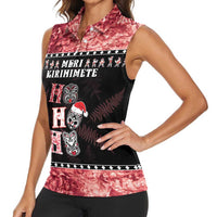 Personalised New Zealand Tiki Christmas Women Sleeveless Polo Shirt Ho Ho Ho Paua Shell Glitter Red LT05 - Polynesian Pride