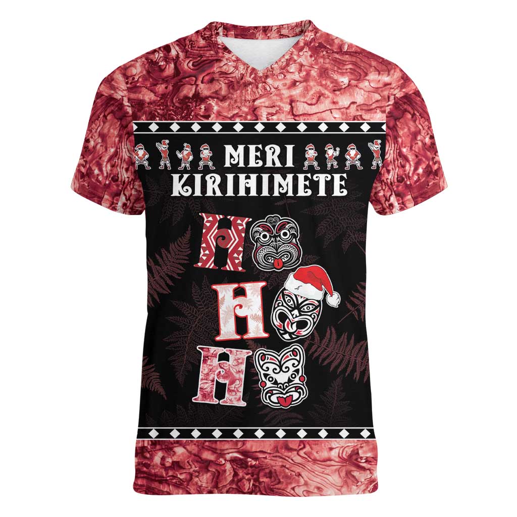 Personalised New Zealand Tiki Christmas Women V-Neck T-Shirt Ho Ho Ho Paua Shell Glitter Red LT05 Female Black - Polynesian Pride