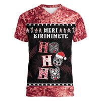 Personalised New Zealand Tiki Christmas Women V-Neck T-Shirt Ho Ho Ho Paua Shell Glitter Red LT05 Female Black - Polynesian Pride