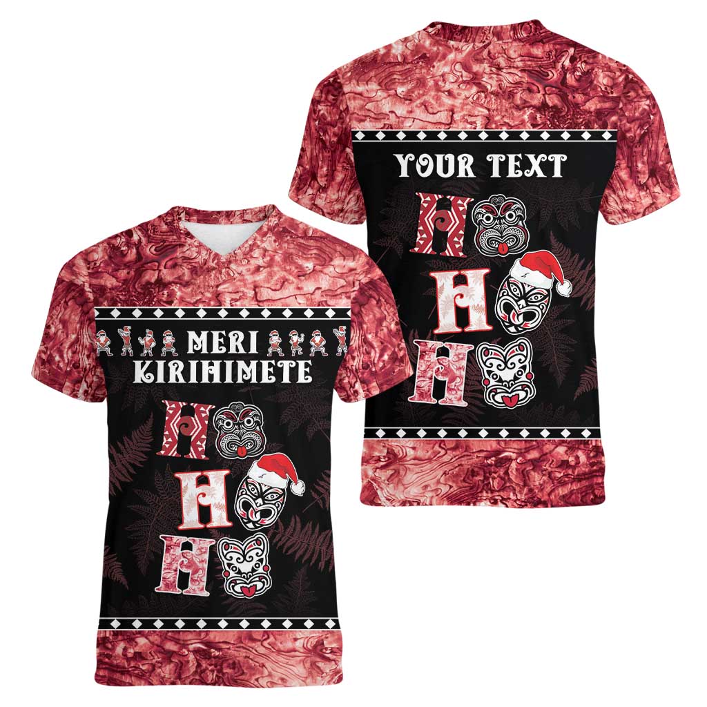 Personalised New Zealand Tiki Christmas Women V-Neck T-Shirt Ho Ho Ho Paua Shell Glitter Red LT05 - Polynesian Pride