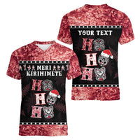 Personalised New Zealand Tiki Christmas Women V-Neck T-Shirt Ho Ho Ho Paua Shell Glitter Red LT05 - Polynesian Pride