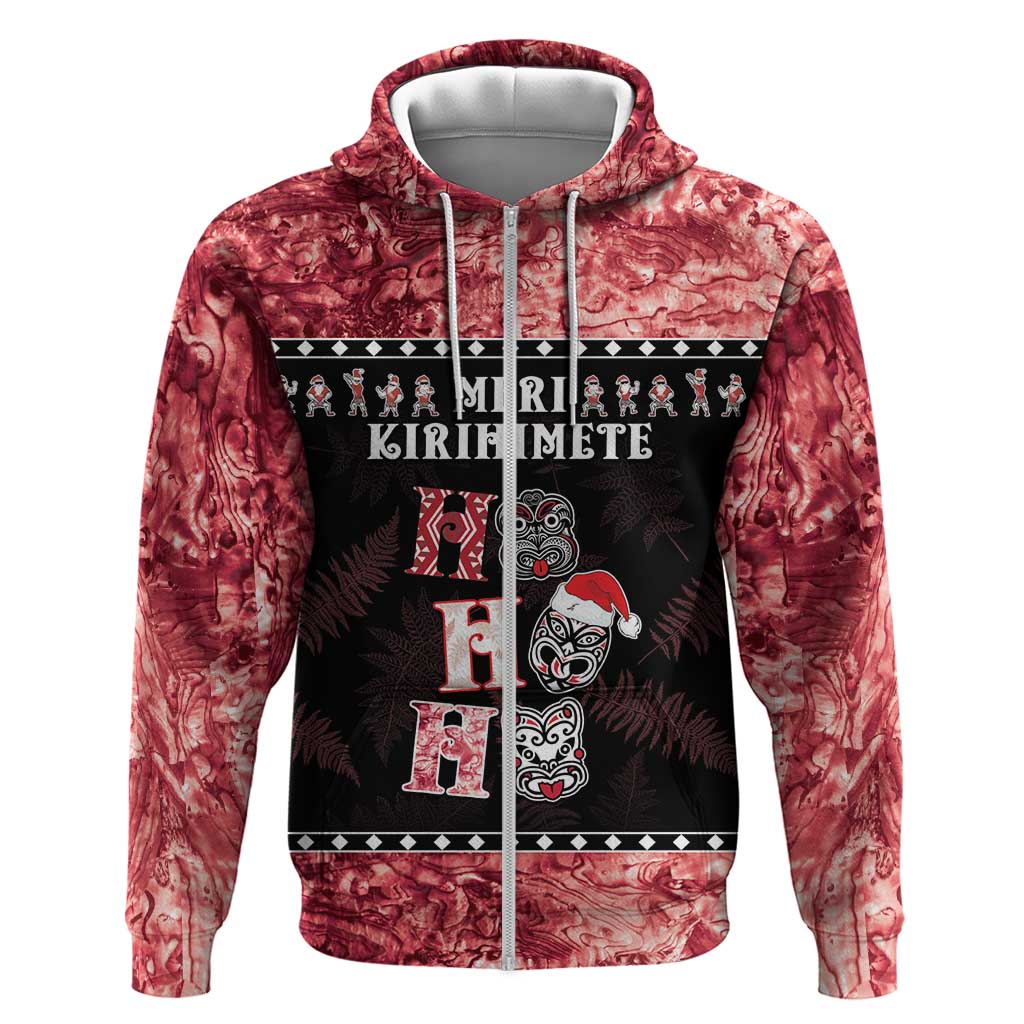 Personalised New Zealand Tiki Christmas Zip Hoodie Ho Ho Ho Paua Shell Glitter Red LT05 Zip Hoodie Black - Polynesian Pride