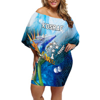 Personalised Kosrae Constitution Day Family Matching Off Shoulder Short Dress and Hawaiian Shirt Humpback Whale Tropical Flowers LT05 Mom's Dress Blue - Polynesian Pride